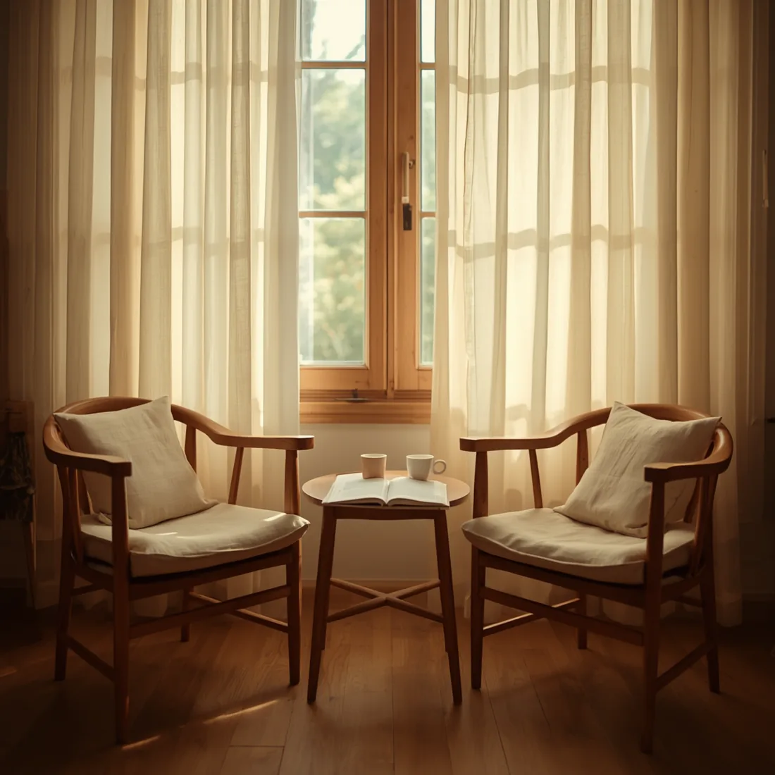 Dos sillas dispuestas para una conversación junto a una ventana cálida