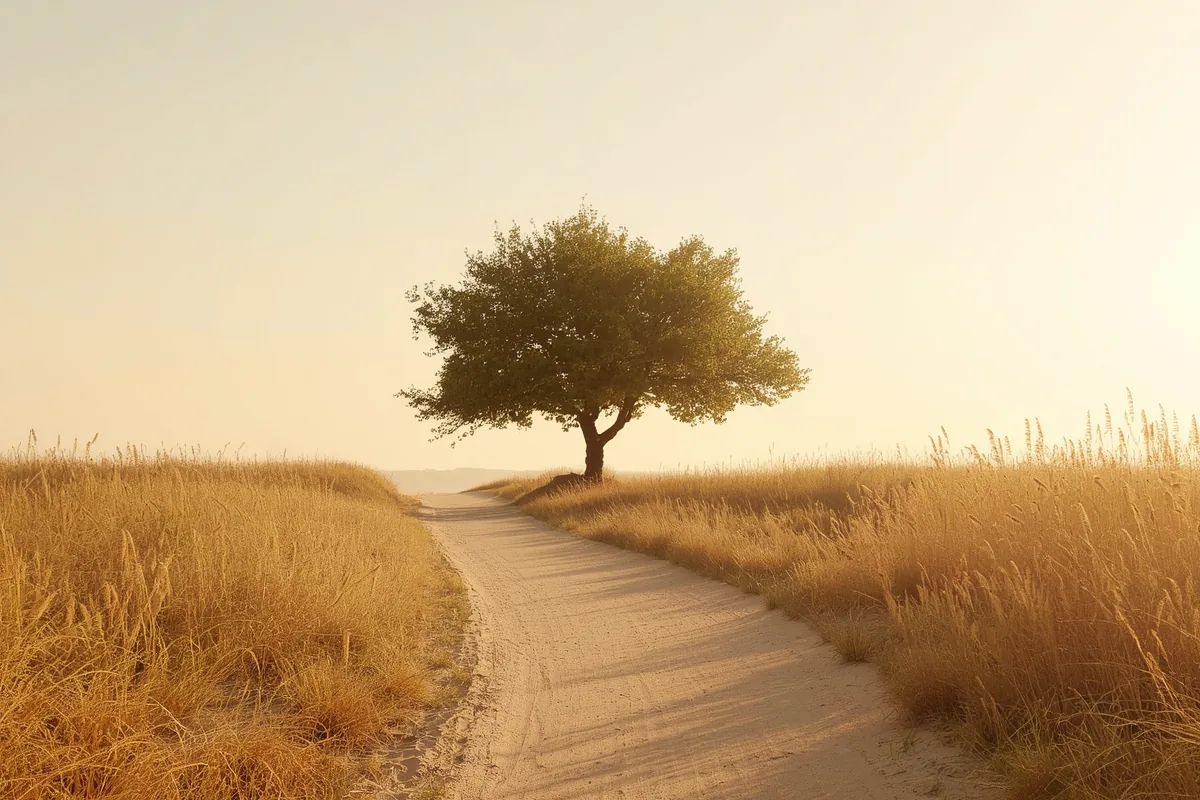 Sendero cálido que atraviesa una pradera hacia un árbol que ofrece sombra